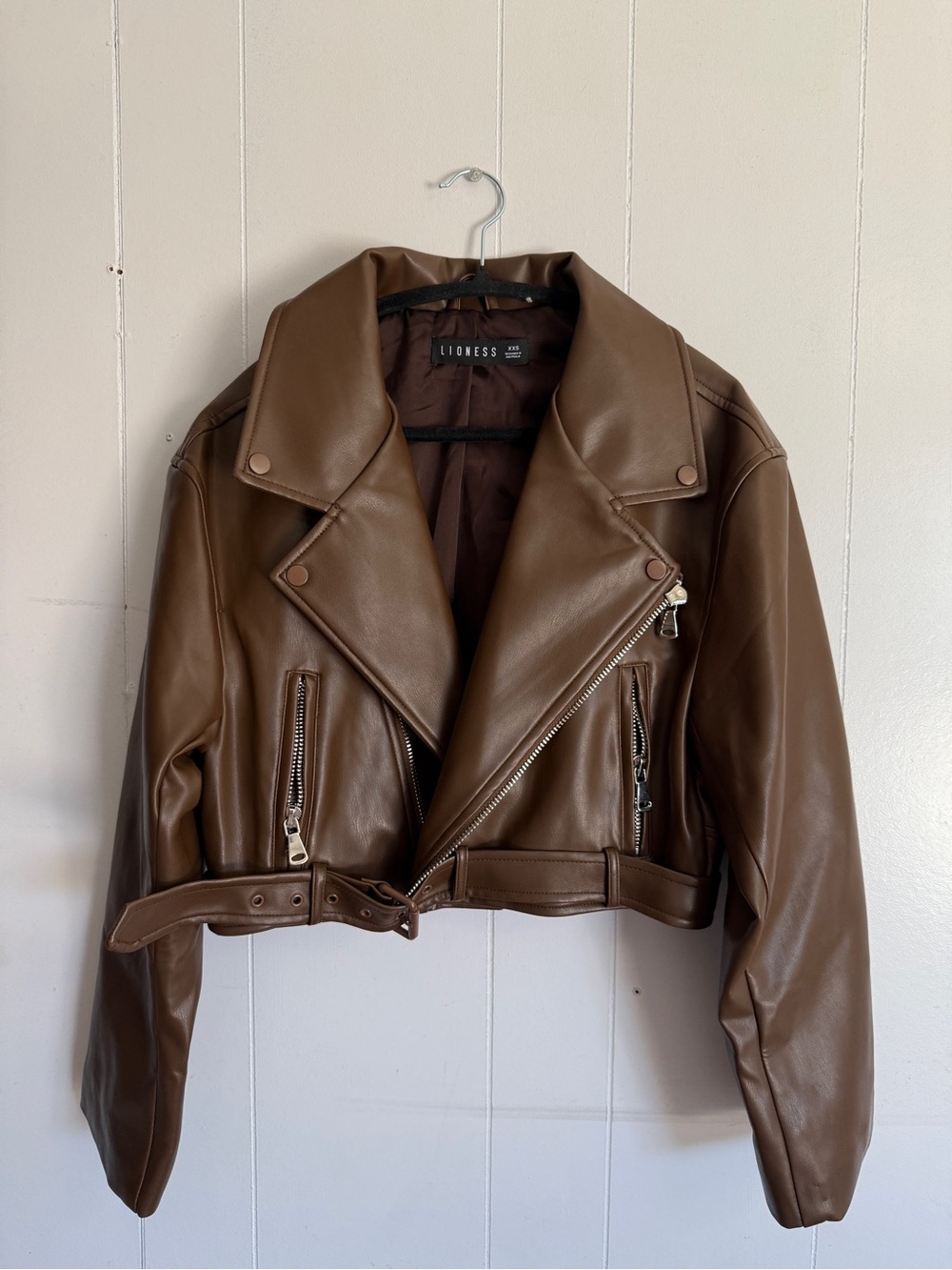 Lioness Brown Faux Leather Biker Jacket with Belt